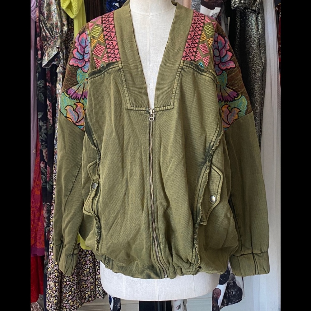 Free People Embroidered Zip Up Jacket